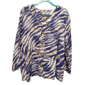 JM Collection Woman Zebra Print 100% Linen Button Front 3/4 Sleeve Top 24W
